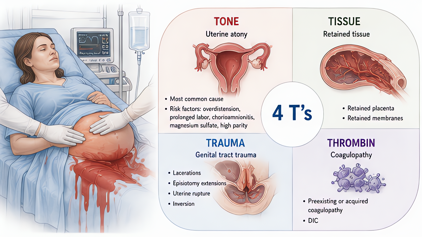 Postpartum hemorrhage 4 T's etiology: Tone (uterine atony, most common), Trauma (genital lacerations), Tissue (retained placenta), Thrombin (coagulopathy including DIC). Always assess multiple causes