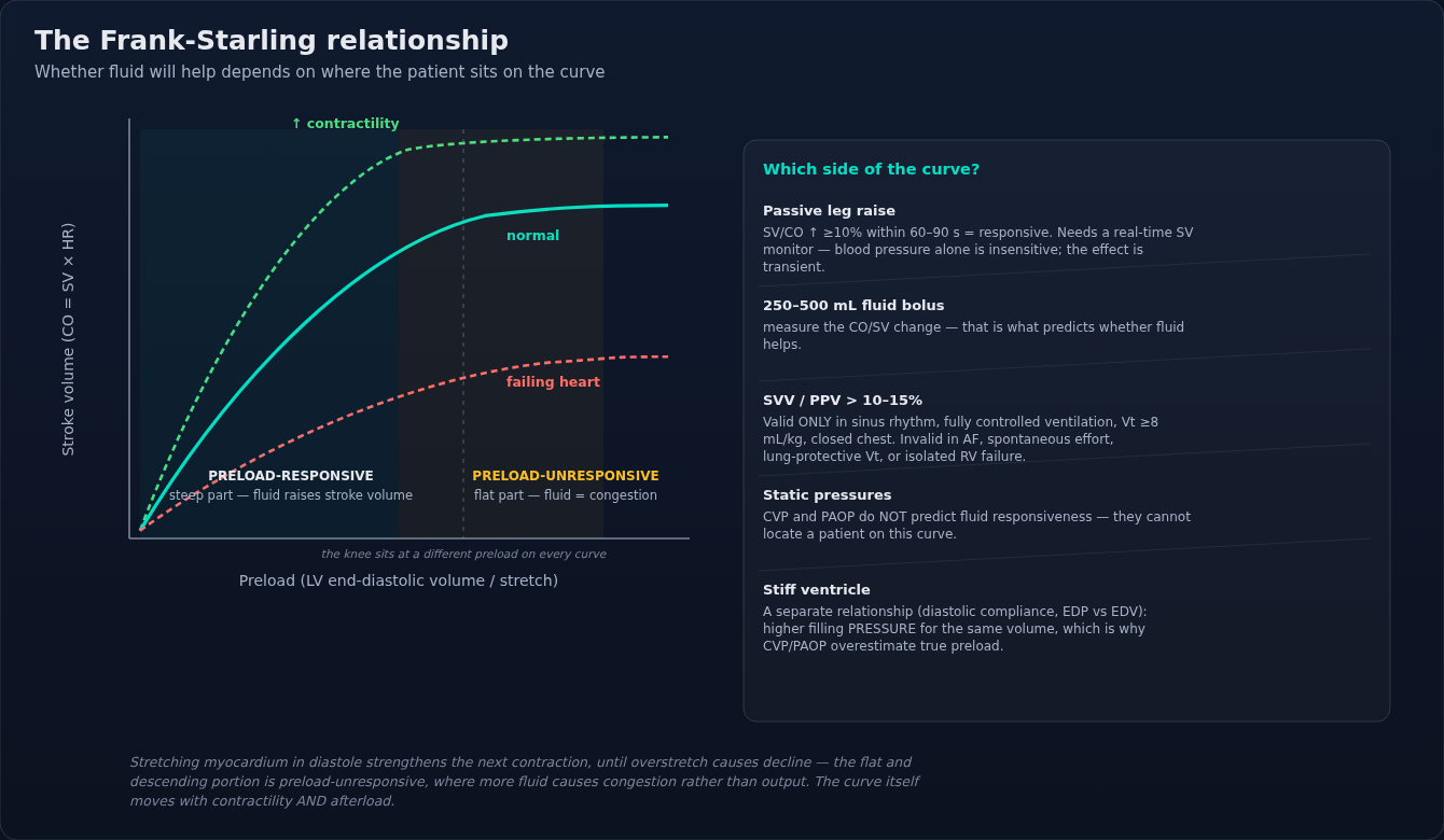 Frank-Starling curves (normal, increased contractility, failing heart) with the preload-responsive vs preload-unresponsive zones and the bedside tests that distinguish them.