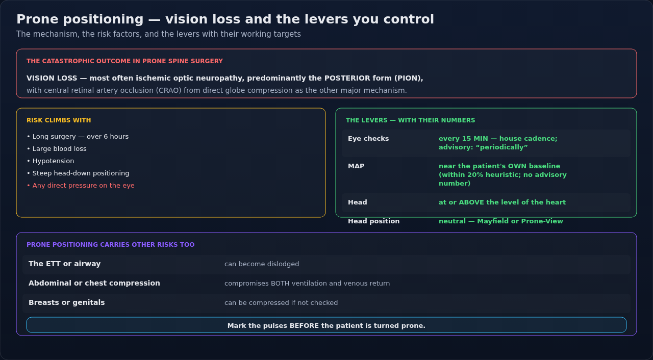 Prone positioning: the vision-loss mechanisms that make it high-stakes, what raises the risk, and the checks that mitigate it. Some intervals here are house practice rather than published targets.
