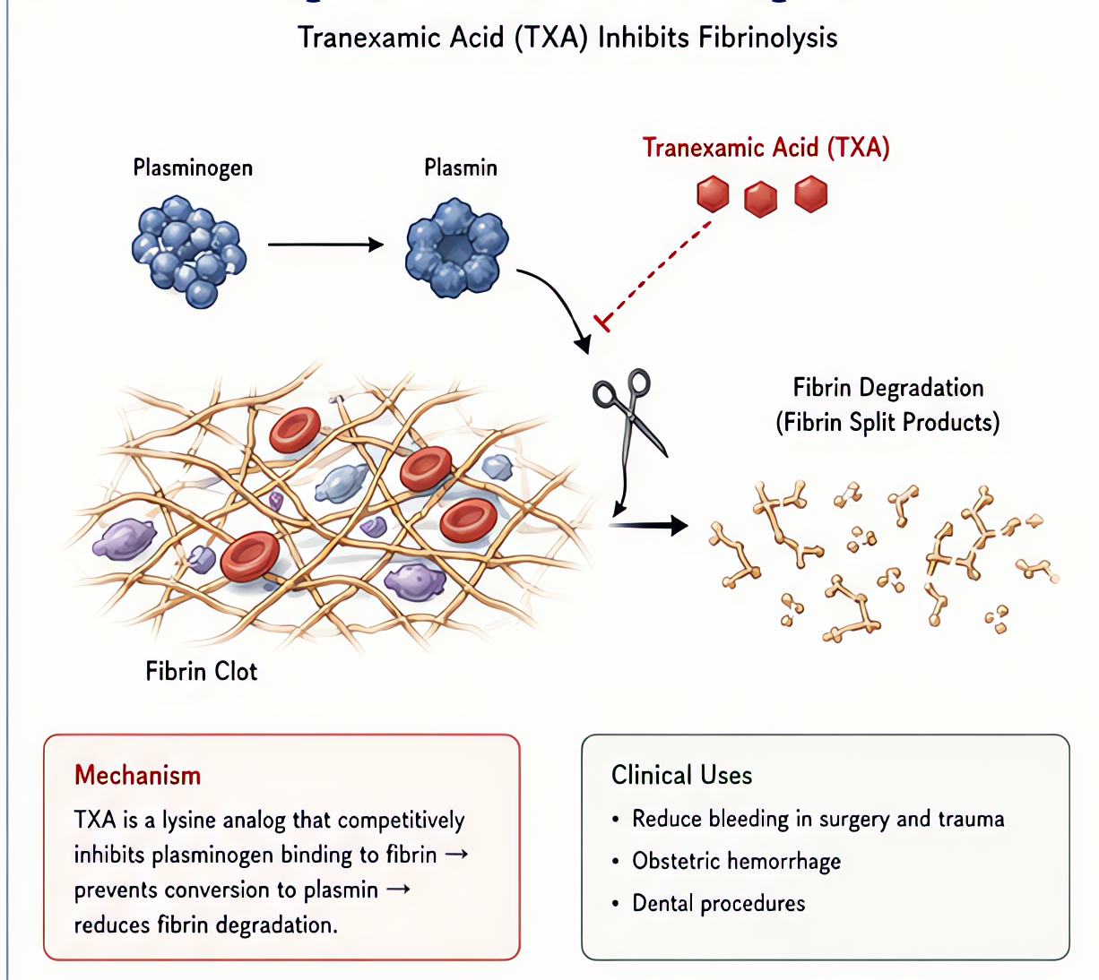 Tranexamic acid (TXA): a lysine analog that competitively inhibits plasminogen activation, preventing conversion to plasmin and thus blocking fibrinolysis (fibrin clot breakdown). Used to reduce surgi