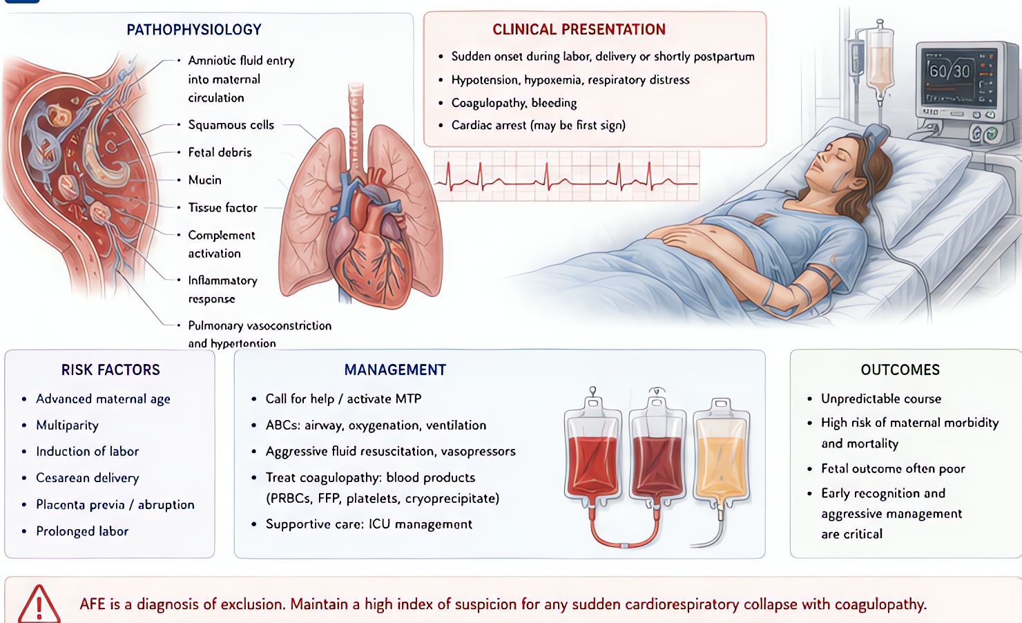 Amniotic fluid embolism (AFE): sudden cardiopulmonary collapse with coagulopathy in labor/delivery; diagnosis of exclusion managed with high-quality resuscitation, blood products, and aggressive treat