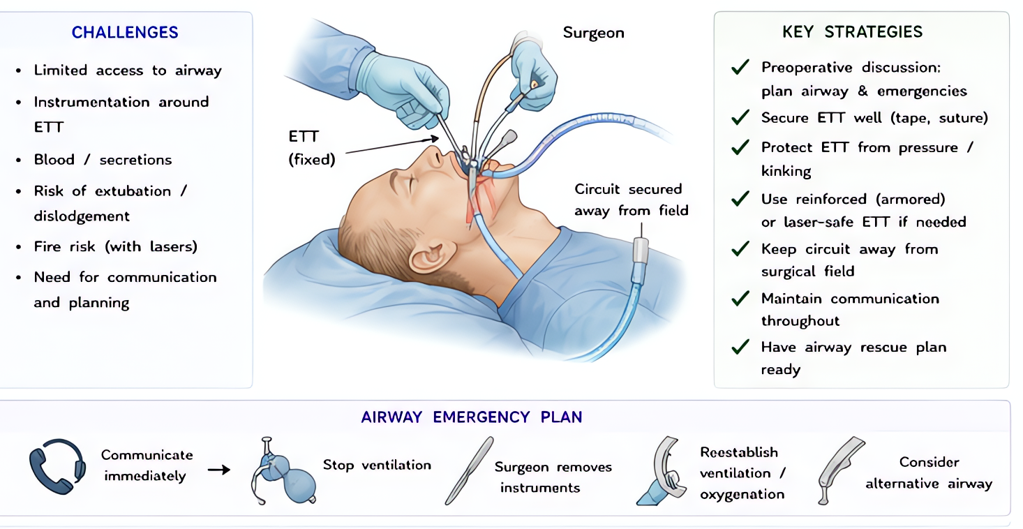 Shared airway with surgeon in ENT: communicate plan and emergency strategy, secure ETT to avoid surgical dislodgement, prepare for difficult airway with backup devices. Anchor ETT in midline or per su