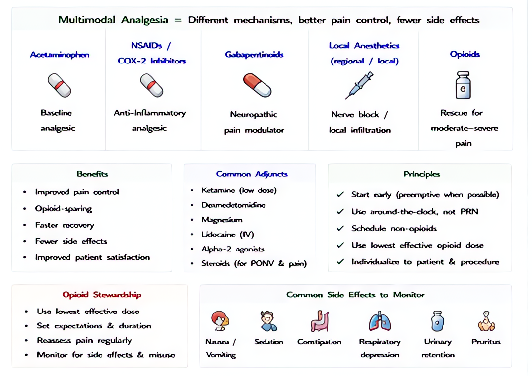 Postoperative pain management - multimodal approach: combine opioids with acetaminophen, NSAIDs, gabapentinoids, ketamine, regional/neuraxial techniques; opioid-sparing reduces side effects and chroni