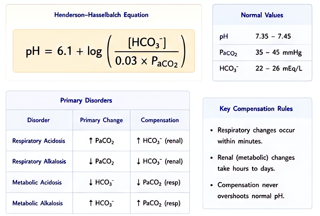 Acid-base balance overview: Henderson-Hasselbalch pH = 6.1 + log(HCO3/0.03*PaCO2); normal pH 7.35-7.45, HCO3 22-26, PaCO2 35-45; differentiate primary metabolic vs respiratory disorders by compensatio