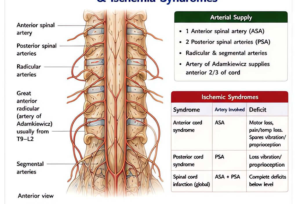 Spinal cord blood supply and ischemia syndromes: 1 anterior spinal artery (motor, sensory pain/temp), 2 posterior spinal arteries (dorsal columns); artery of Adamkiewicz T9-T12; anterior spinal artery