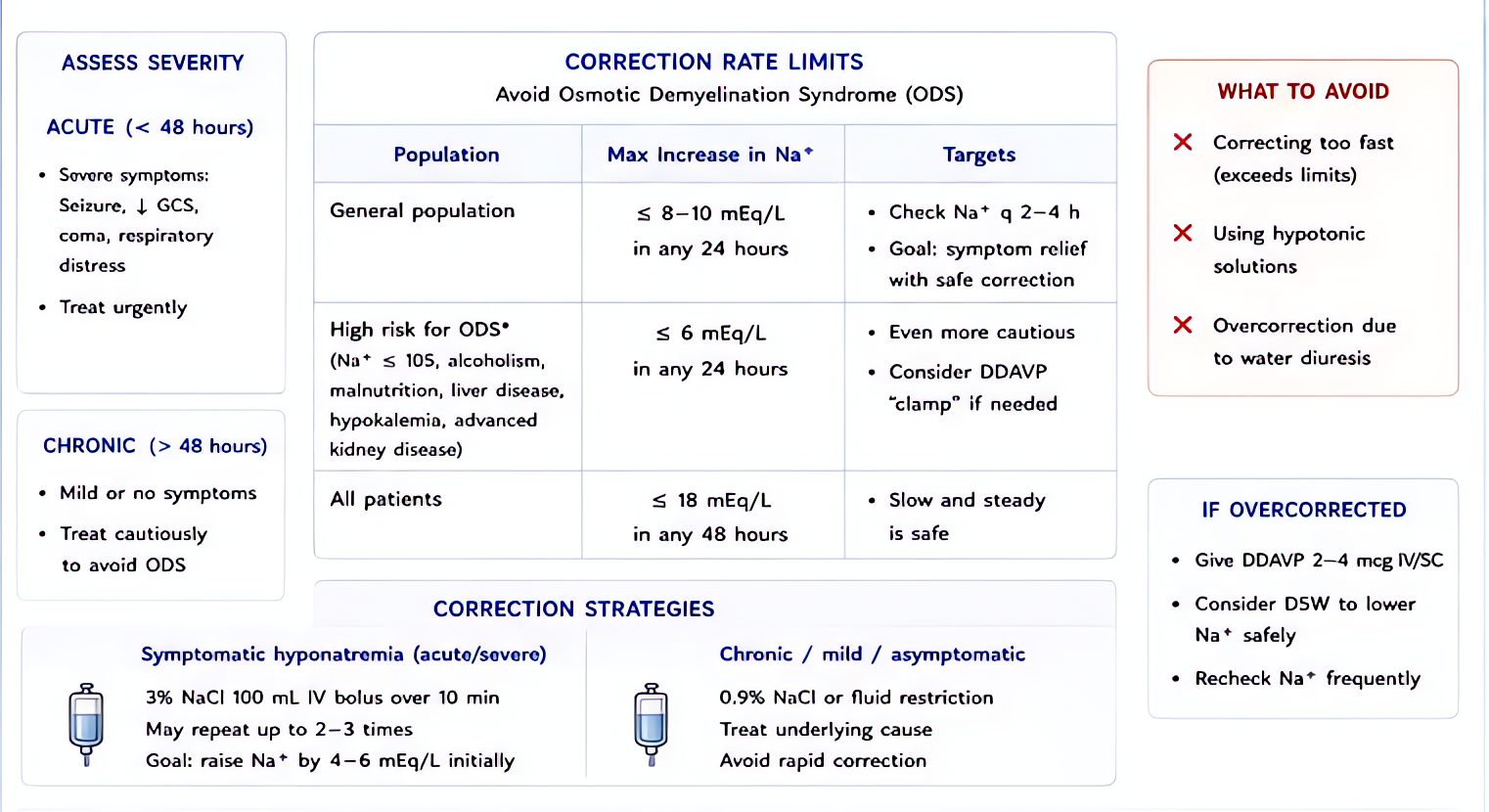 Hyponatremia correction rate caution: correct chronic hyponatremia <= 8-10 mEq/L per 24 h to avoid osmotic demyelination (central pontine myelinolysis); acute symptomatic cases may need faster correct