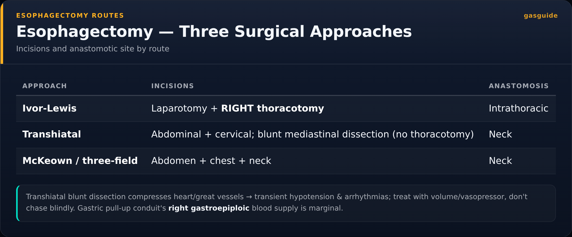 Esophagectomy — Three Surgical Approaches — Incisions and anastomotic site by route
