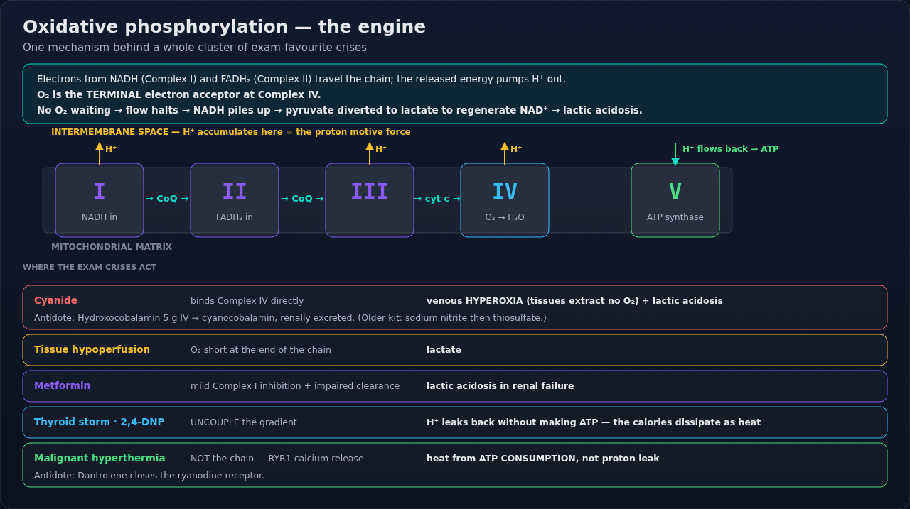 The electron transport chain across the inner mitochondrial membrane, with the exam-relevant crises mapped onto the point where each one interferes. Read the pathway first, then the failures hanging o