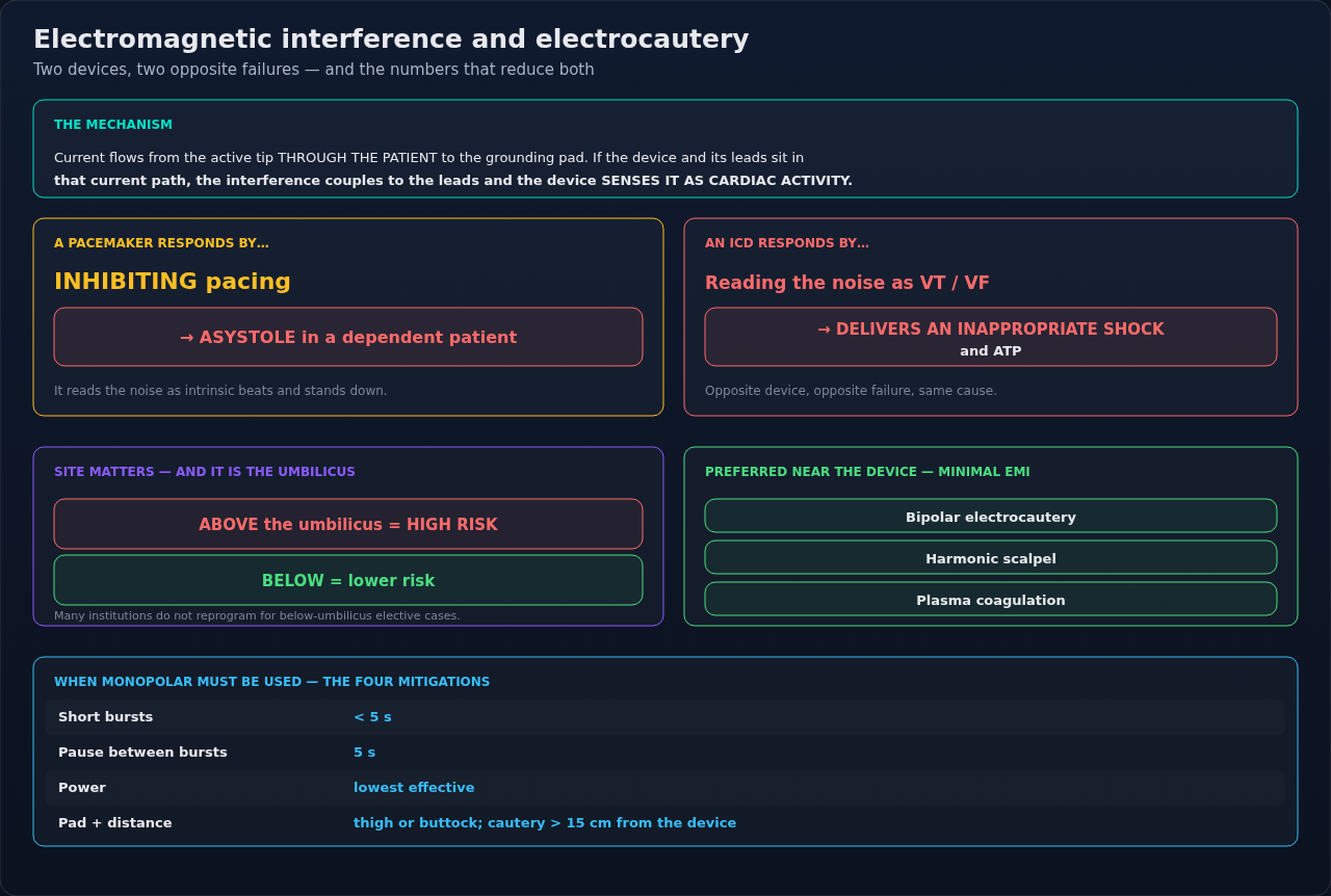 How monopolar electrocautery current reaches an implanted cardiac device, and what the device does when it mistakes that noise for cardiac activity. Where the surgical site sits relative to the device
