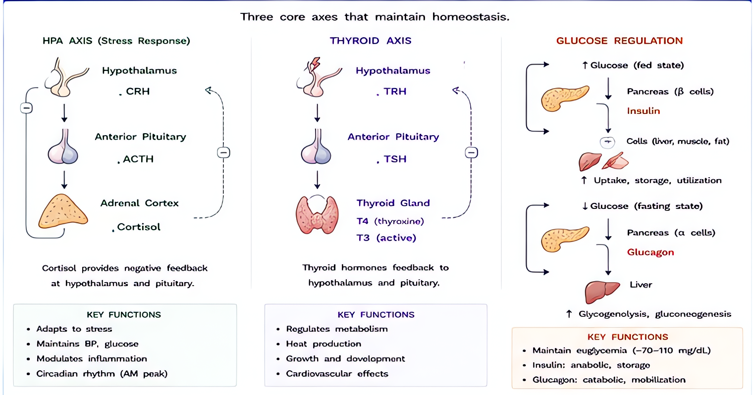 Endocrine overview/definitions for HPA-thyroid-glucose: cortisol acts via glucocorticoid receptors regulating gluconeogenesis, immune response; T3 active thyroid hormone affects metabolism; insulin/gl