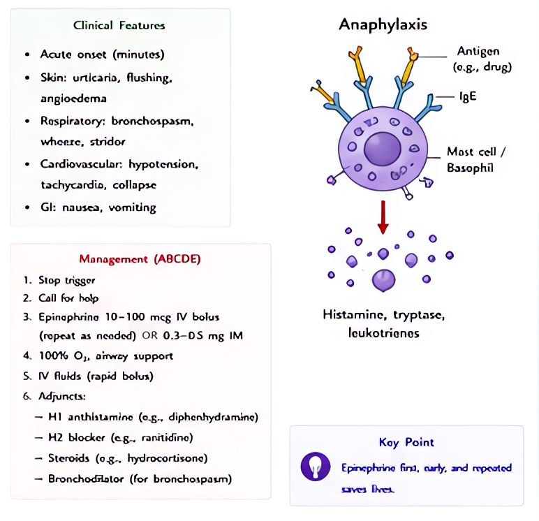 Anaphylaxis recognition and management: Type I IgE-mediated reaction. Treatment: epinephrine 10-100 mcg IV (0.3-0.5 mg IM), IV fluids, H1/H2 blockers, corticosteroids, and vasopressors for refractory