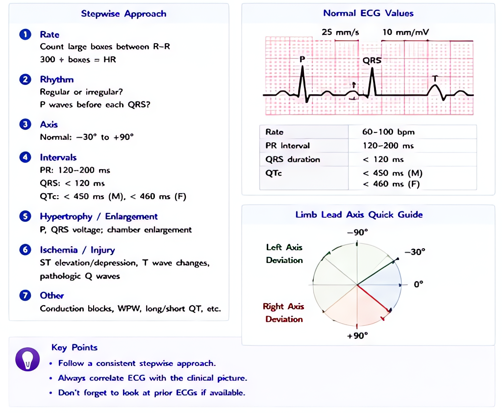 Electrocardiogram systematic interpretation: rate, rhythm, axis, intervals (PR, QRS, QTc), morphology, ischemia patterns, chamber enlargement. Includes age-adjusted QTc thresholds and common medicatio