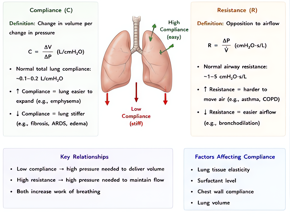 Pulmonary mechanics: static compliance = Vt/(Pplat - PEEP), dynamic compliance includes resistance. Decreased compliance in ARDS/pulmonary edema; increased airway resistance in asthma/COPD/bronchospas