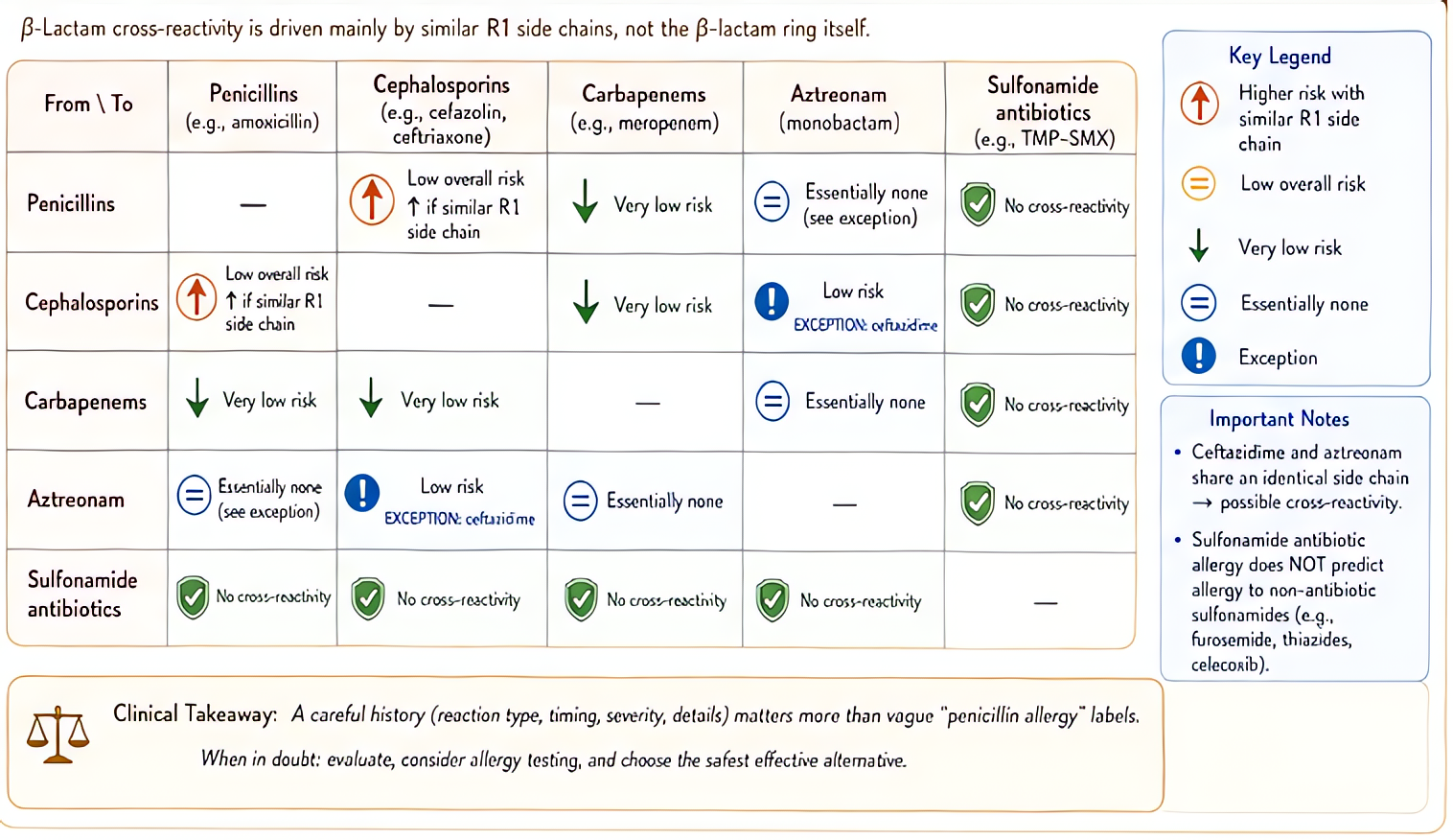 Antibiotic cross-reactivity grid: penicillin–cephalosporin overall <2% (higher with shared R1 side chains); aztreonam safe except with ceftazidime; carbapenems low risk; sulfonamides distinct allergen