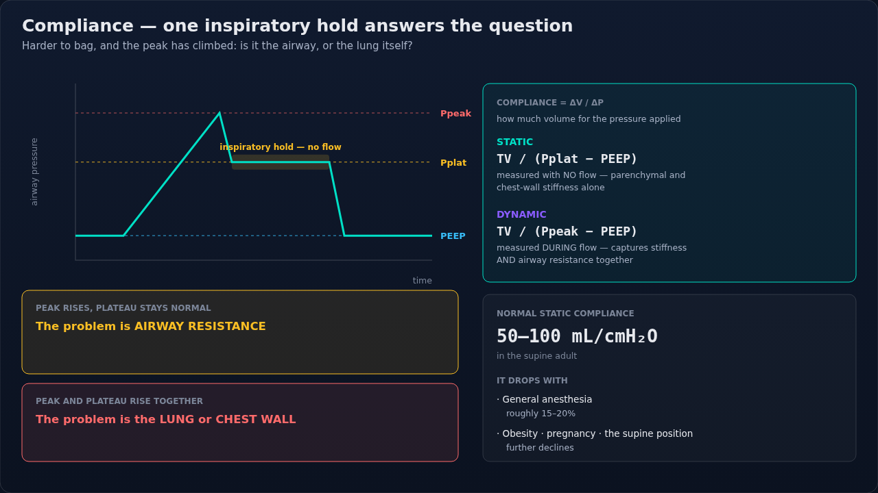 A ventilator pressure trace with the inspiratory hold marked, and the two compliance calculations read off it. The hold is what separates them: one measure carries airway resistance, the other does no