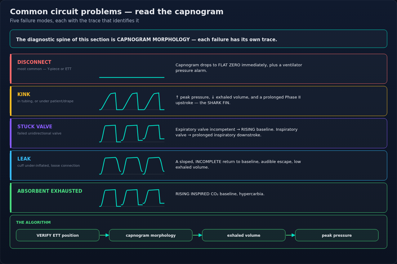 The common breathing-circuit failure modes, each paired with the capnogram trace it produces. Learn the shapes as a set — no single waveform names a fault alone, so read it alongside exhaled volume an