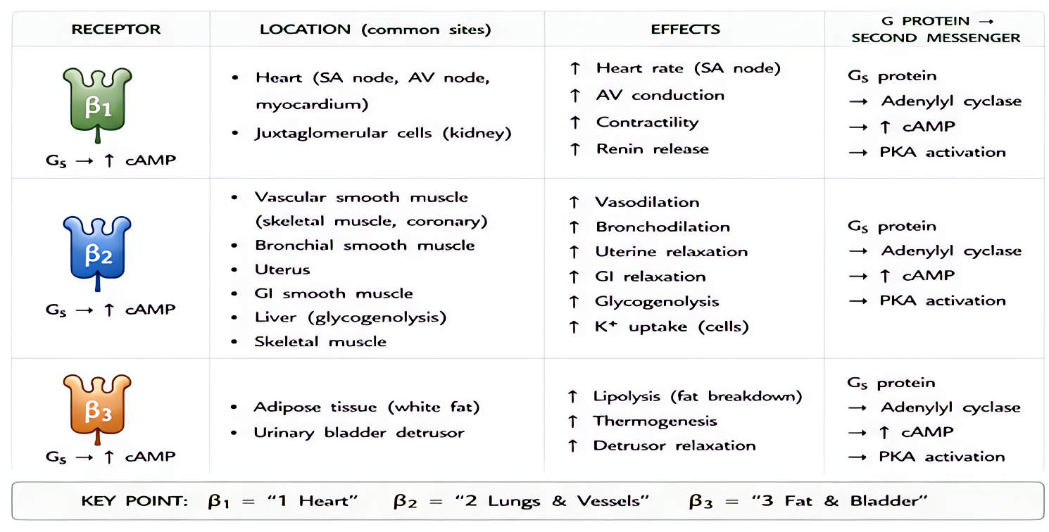Beta adrenergic receptors: beta-1 (Gs) cardiac inotropy/chronotropy/renin; beta-2 (Gs) bronchodilation, vasodilation, glycogenolysis; beta-3 lipolysis, bladder relaxation.