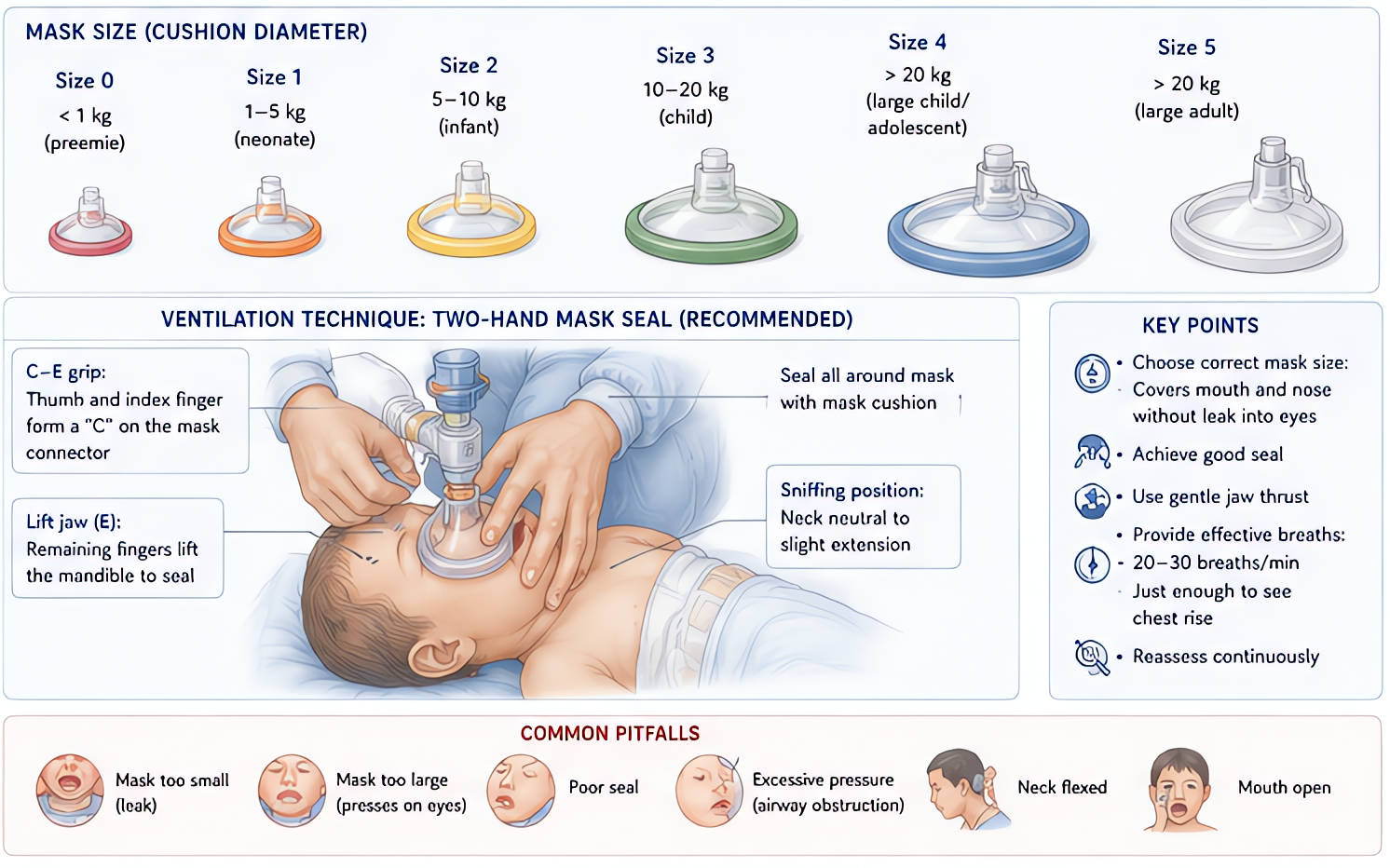 Pediatric mask sizes and two-hand ventilation: sizes 0 (<1kg) through 5 (adult), C-E grip with thumb/index forming C and remaining fingers lifting jaw; two-hand mask (jaw thrust + seal) recommended fo