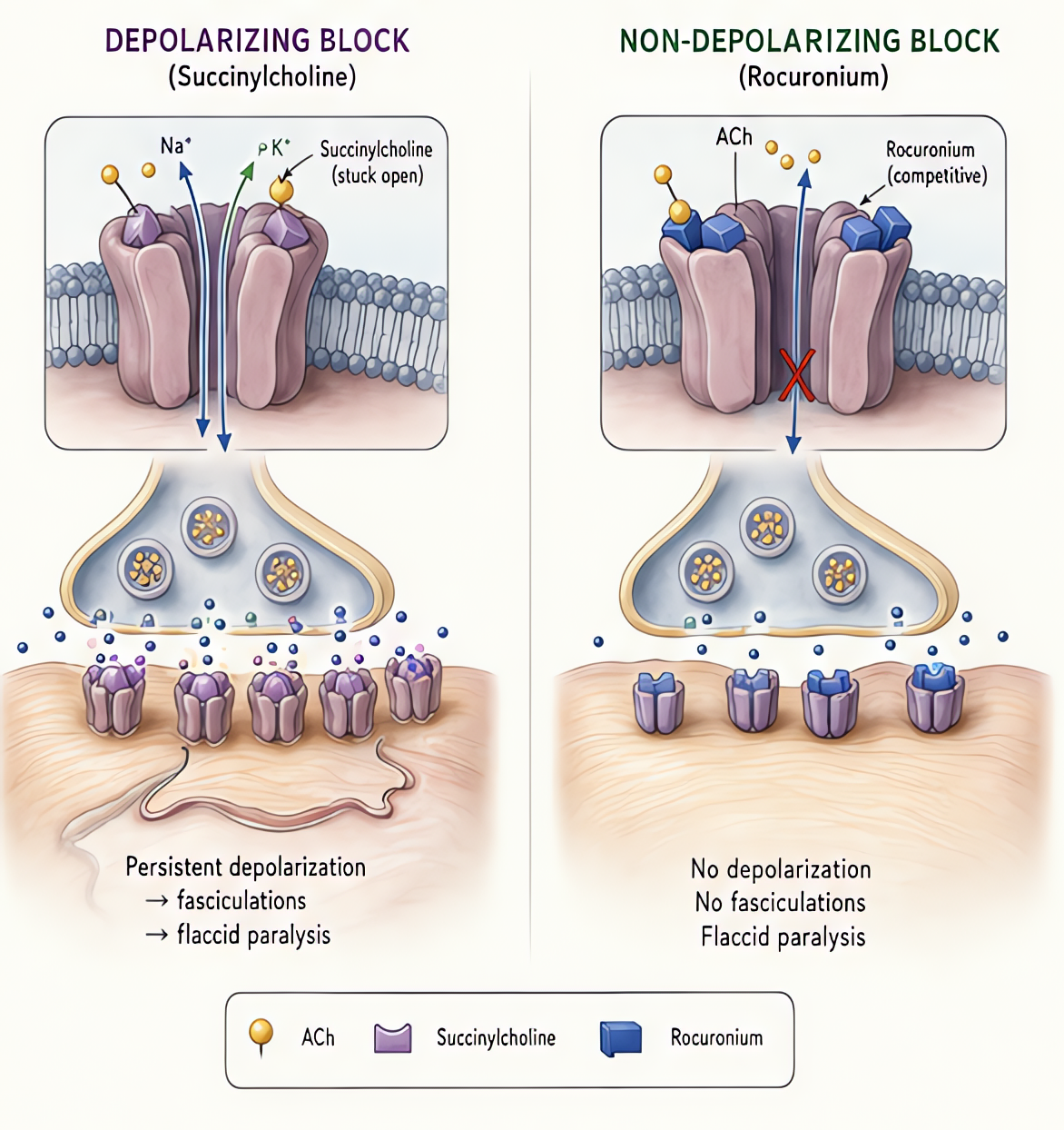 Nicotinic acetylcholine receptor and NMJ: depolarizing block (succinylcholine binds and keeps channel open, persistent depolarization, fasciculations, flaccid paralysis); non-depolarizing block (compe
