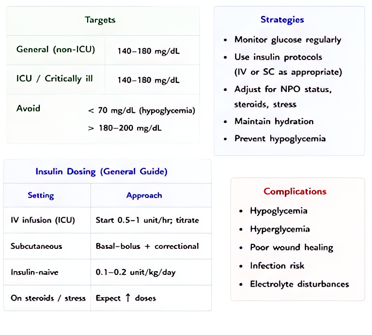 Perioperative glycemic management: target 140-180 mg/dL intraop, hold oral hypoglycemics, half-dose long-acting insulin morning of surgery, insulin infusion for sustained hyperglycemia or major surger