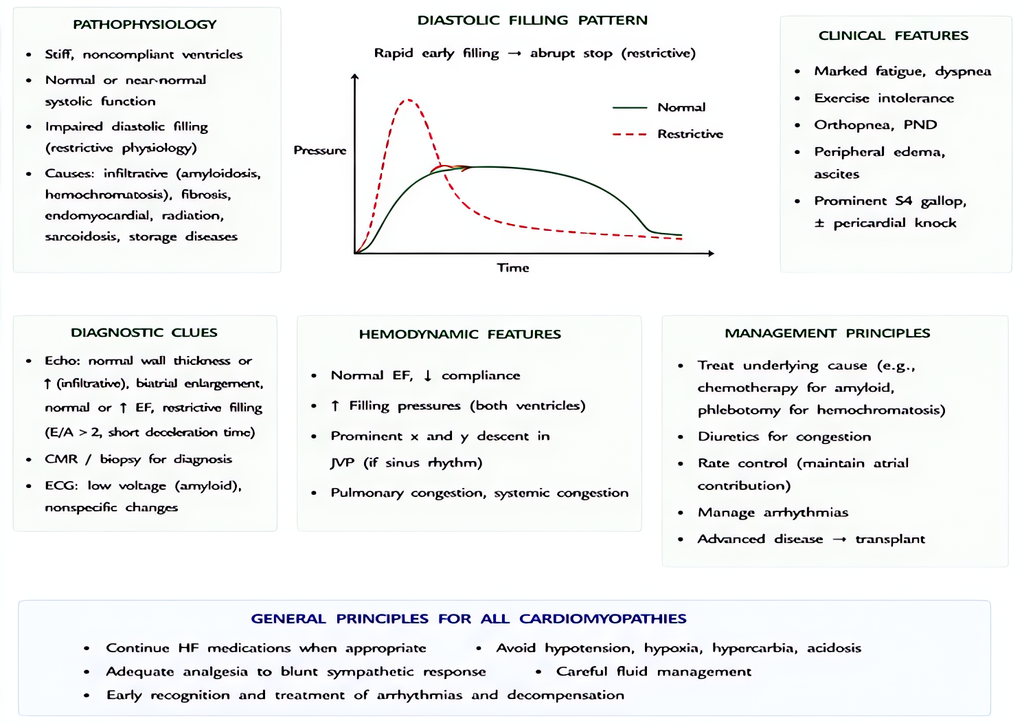Restrictive cardiomyopathy (RCM): stiff non-compliant ventricles with normal/small chamber size; diastolic dysfunction with rapid early filling then plateau; causes include amyloidosis, hemochromatosi