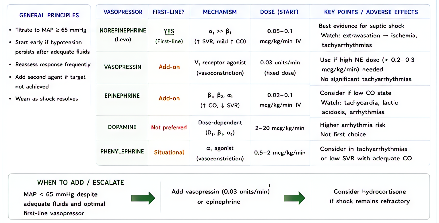 Vasopressor selection in sepsis: norepinephrine first-line (alpha+beta1); add vasopressin (0.03 U/min) to reduce NE dose; epinephrine for refractory shock; dopamine NOT recommended (arrhythmias).