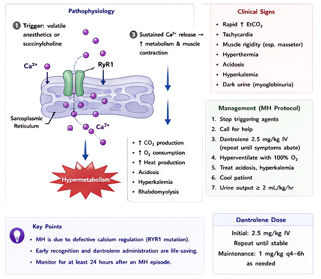 Malignant hyperthermia pathophysiology and management: RYR1/CACNA1S mutations, triggers (volatiles, succinylcholine), early signs (rising EtCO2, masseter rigidity), dantrolene 2.5 mg/kg q5min, cool pa