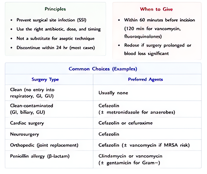 Perioperative antibiotic prophylaxis: principles include narrowest effective spectrum, infuse within 60 min before incision (120 min for vanco/fluoroquinolones), redose at 2 half-lives, weight-based d