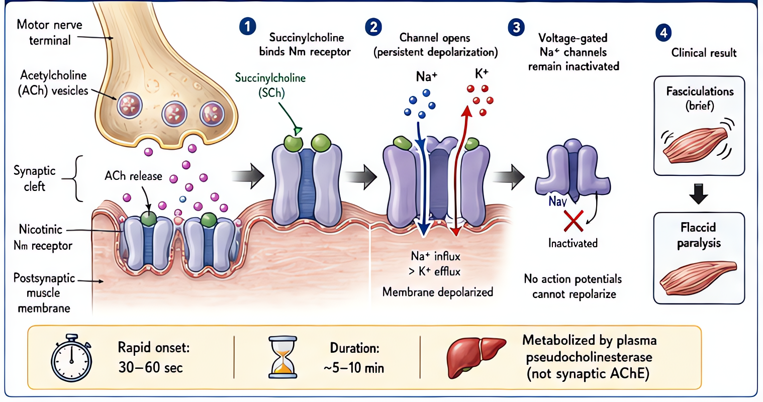 Succinylcholine mechanism at the NMJ: depolarizing nicotinic ACh agonist that persistently opens cation channel → fasciculations → flaccid paralysis. Onset 30–60 s, duration 5–10 min. Metabolized by p