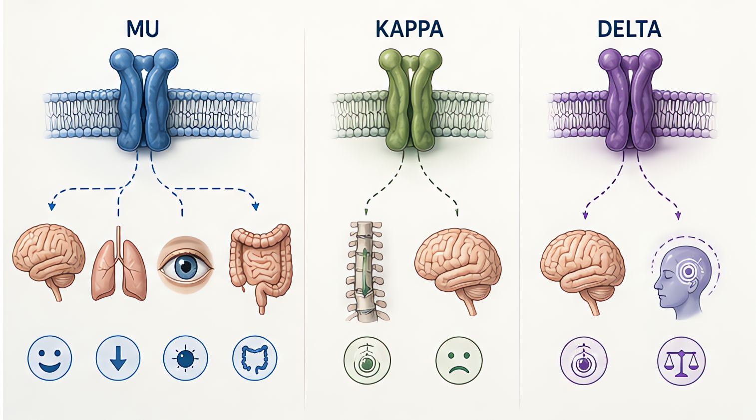 Mu vs kappa vs delta opioid receptor effects: mu drives analgesia/respiratory depression/euphoria/miosis; kappa adds spinal analgesia, dysphoria, miosis; delta has modulatory analgesic and mood effect