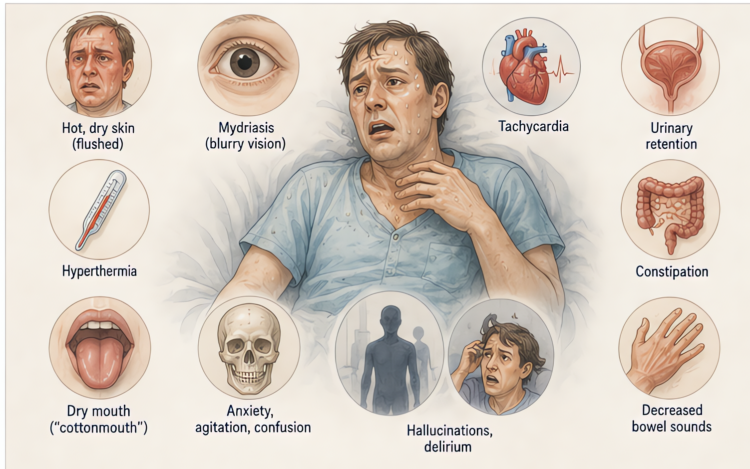 Anticholinergic toxidrome: 'hot, dry, red, blind, mad' - hot/dry skin (flushed), mydriasis, tachycardia, urinary retention, hyperthermia, dry mouth ('cottonmouth'), constipation, decreased bowel sound