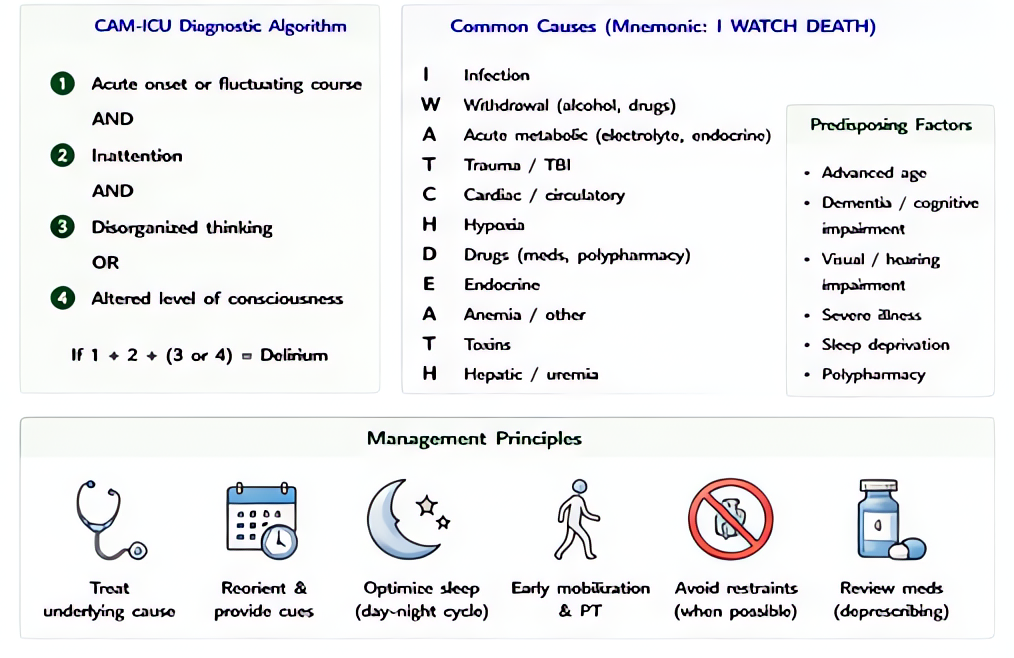 Delirium assessment in the perioperative period: hyperactive vs hypoactive vs mixed, CAM-ICU/4AT screening, risk factors (age, dementia, opioids, benzos, anticholinergics), prevention with HELP bundle
