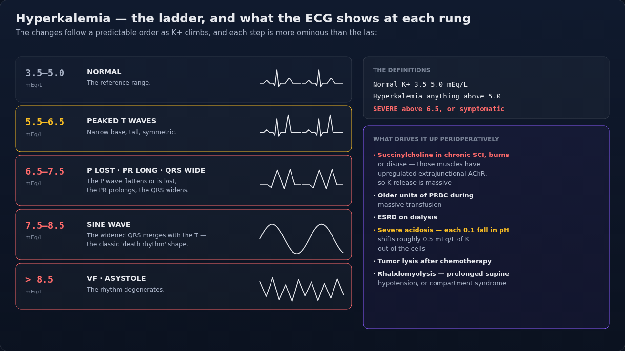 Serum potassium bands with the ECG morphology drawn at each rung: normal 3.5–5.0, peaked T waves at 5.5–6.5, loss of the P wave with PR prolongation and QRS widening at 6.5–7.5, the sine wave at 7.5–8