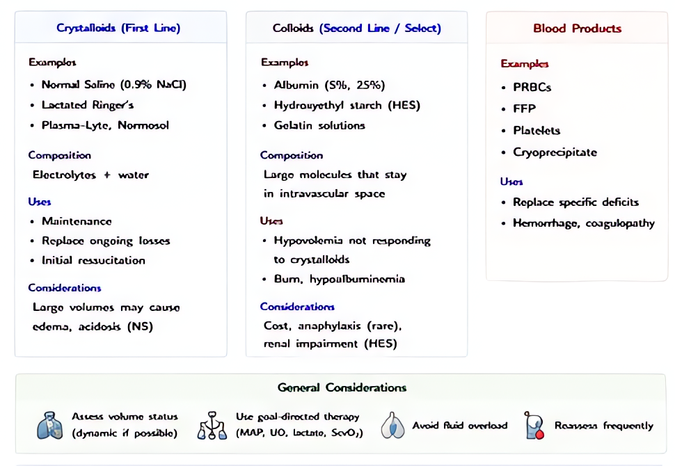 Perioperative IV fluids comparison: crystalloids (normal saline, LR, Plasma-Lyte) vs colloids (albumin, hydroxyethyl starch) vs blood products (PRBCs, FFP, platelets, cryoprecipitate), with examples,