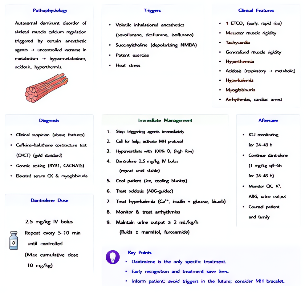 Malignant hyperthermia (MH): hypermetabolic crisis triggered by volatiles and succinylcholine in RYR1/CACNA1S susceptible patients. Early signs: rising ETCO2, masseter rigidity, tachycardia, hyperther