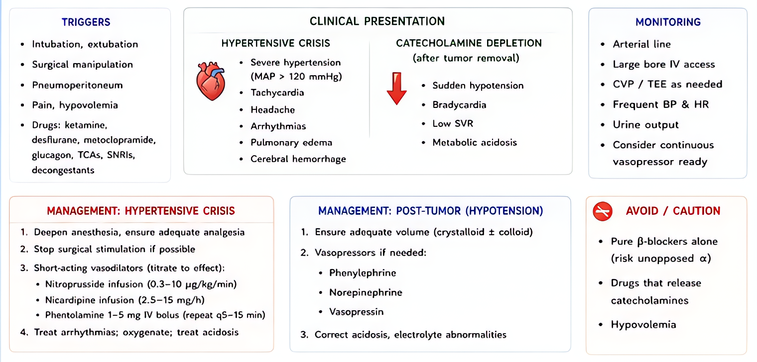 Pheochromocytoma intraoperative crisis: severe HTN, tachycardia, arrhythmias on tumor manipulation; manage with phentolamine, nitroprusside, nicardipine, magnesium for arrhythmias; avoid sympathomimet