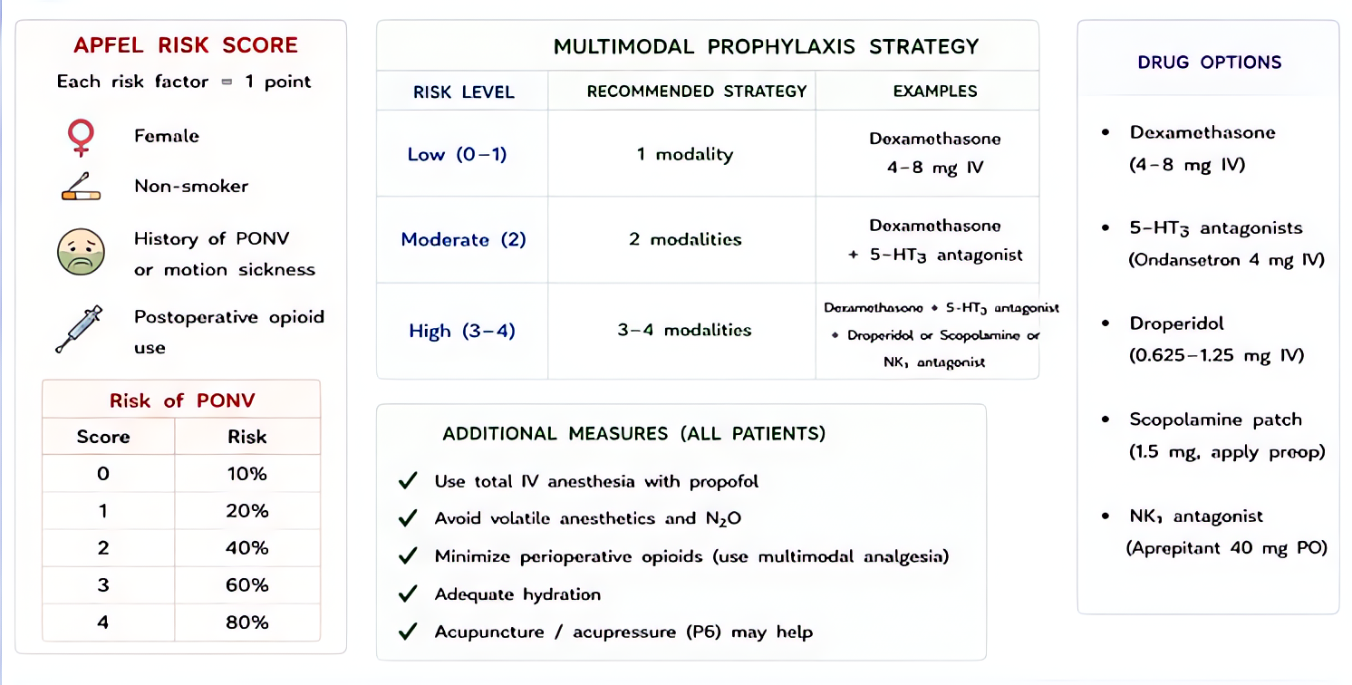 PONV multimodal prophylaxis using Apfel score (female, nonsmoker, h/o PONV/motion sickness, postop opioids); 0-1 factors low risk, ≥3 high risk. Combine agents from different classes: 5HT3 antagonist,