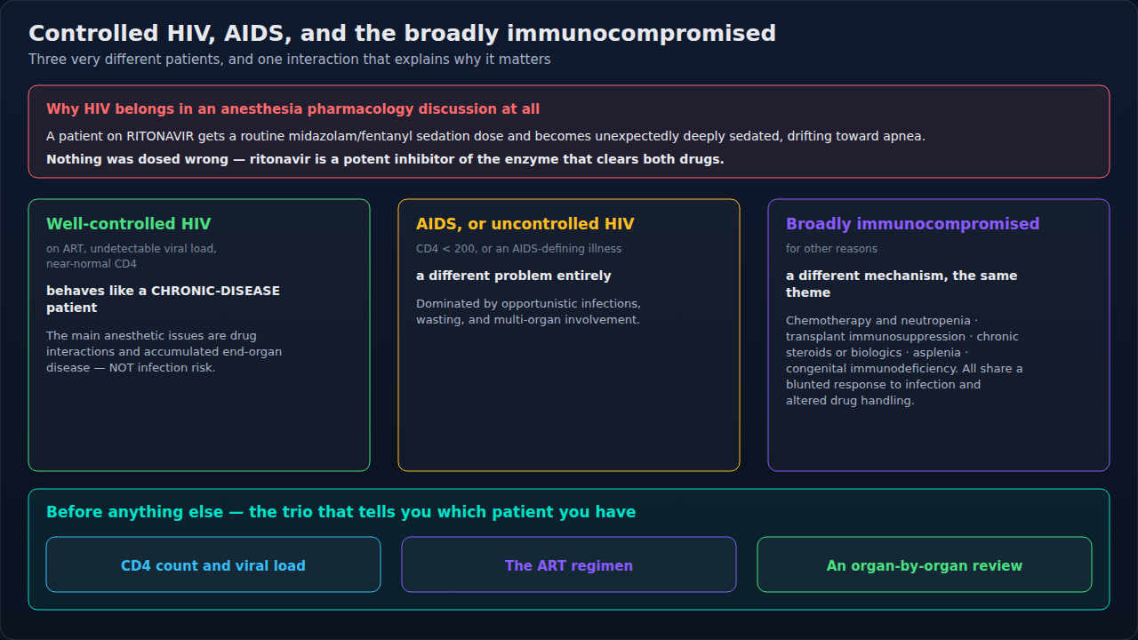 Three very different patients behind one label, plus the broader immunocompromised group beside them. Work out which one is in front of you first; the anesthetic concerns diverge sharply from there.