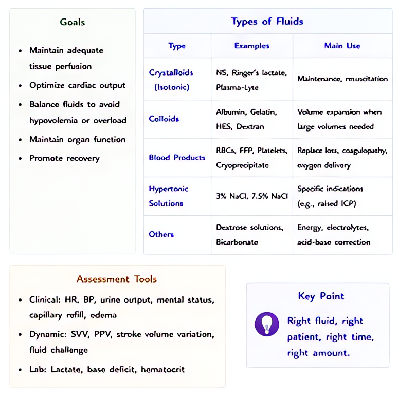 Fluid management goals and types: balanced crystalloids (LR, Plasma-Lyte) preferred over normal saline to avoid hyperchloremic acidosis; colloids reserved for specific indications; goal-directed thera