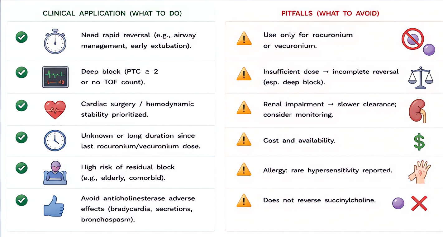 Sugammadex clinical applications vs pitfalls: use for rapid reversal/deep block and avoid anticholinesterase side effects; only reverses rocuronium/vecuronium, not succinylcholine; consider impaired c
