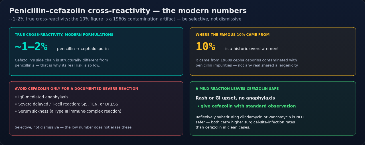 Where the penicillin-cephalosporin cross-reactivity numbers come from, and the decision rule that follows for cefazolin. The rule is selective rather than dismissive: the severity of the documented re