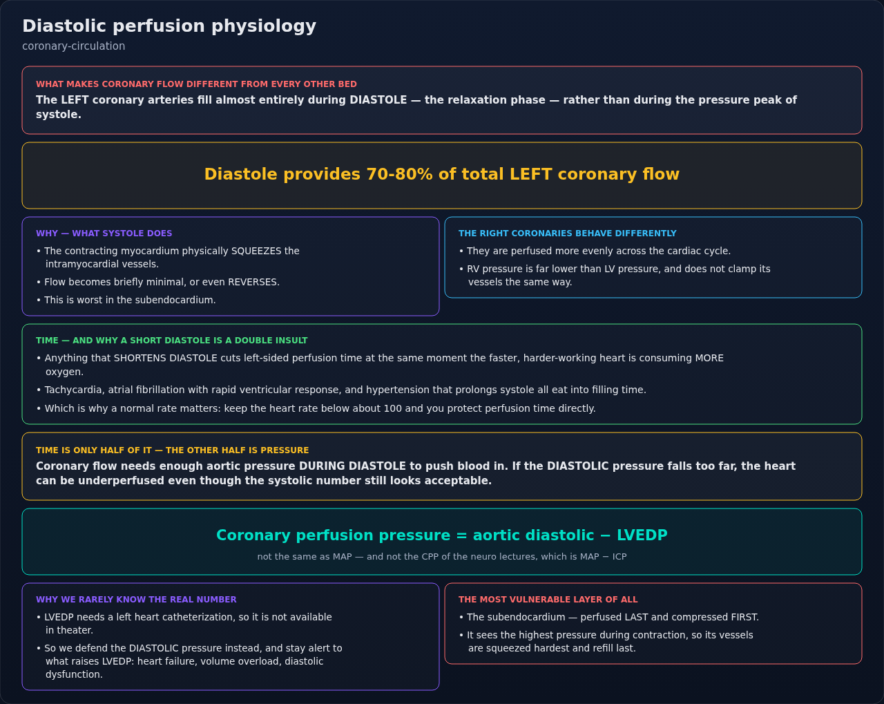 Why the left coronary bed fills during diastole rather than systole, and the two things that govern flow: time and pressure. Keep coronary perfusion pressure separate from MAP and from the cerebral fo