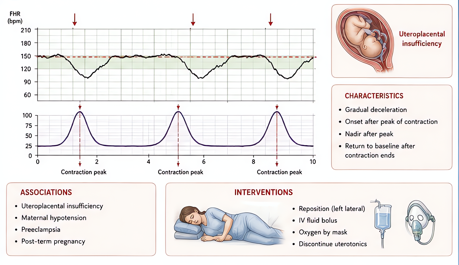 Late decelerations on FHR tracing: gradual onset/offset, nadir after contraction peak, returns to baseline after contraction ends; associated with uteroplacental insufficiency; interventions include r