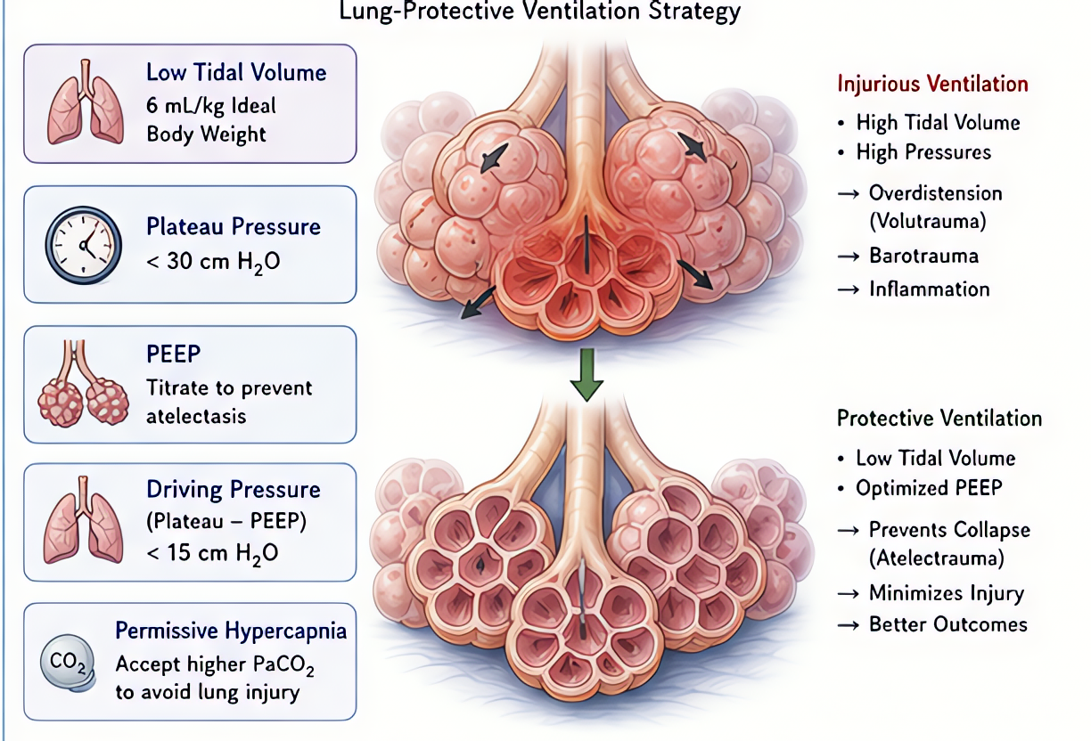 Lung-protective ventilation strategy: low TV 6 mL/kg IBW, plateau pressure <30 cmH2O, PEEP titrated to prevent atelectasis, driving pressure <15 cmH2O, permissive hypercapnia. Reduces VILI, inflammati