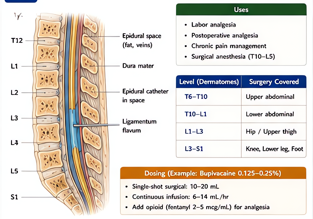 Epidural anesthesia: levels, doses, and uses. Catheter placement at corresponding spinal level, 1-2 mL per segment desired, common agents (bupivacaine 0.0625-0.5%, ropivacaine), adjuncts (fentanyl, ep