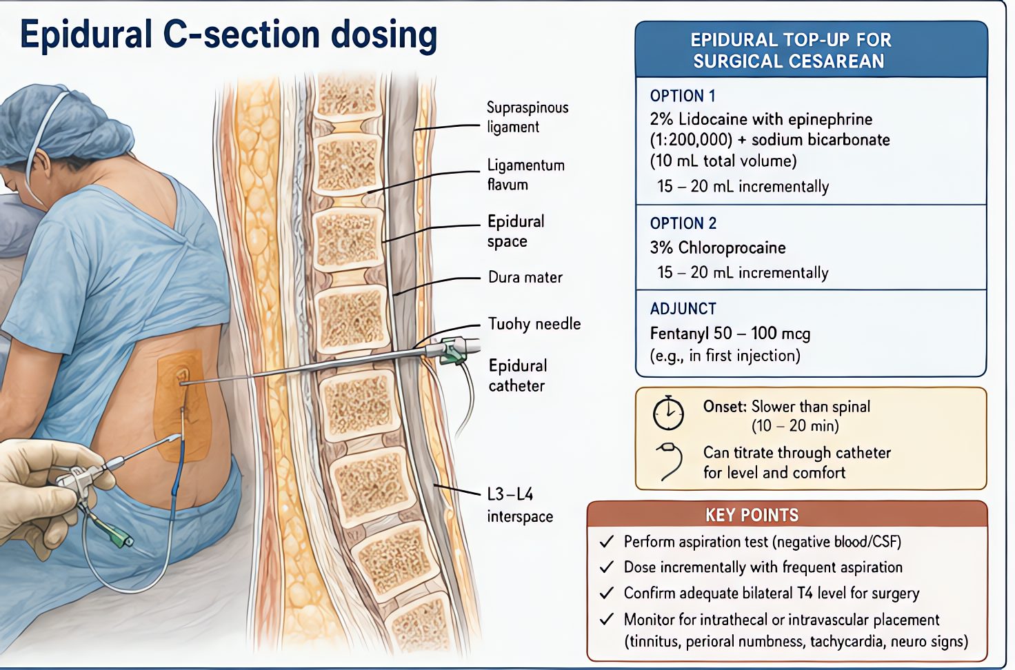 Epidural C-section dosing top-up for surgical cesarean: Option 1 — 2% lidocaine with epinephrine (1:200,000) + sodium bicarbonate (10 mL fetal volume) 15-20 mL incrementally; Option 2 — 3% chloroproca
