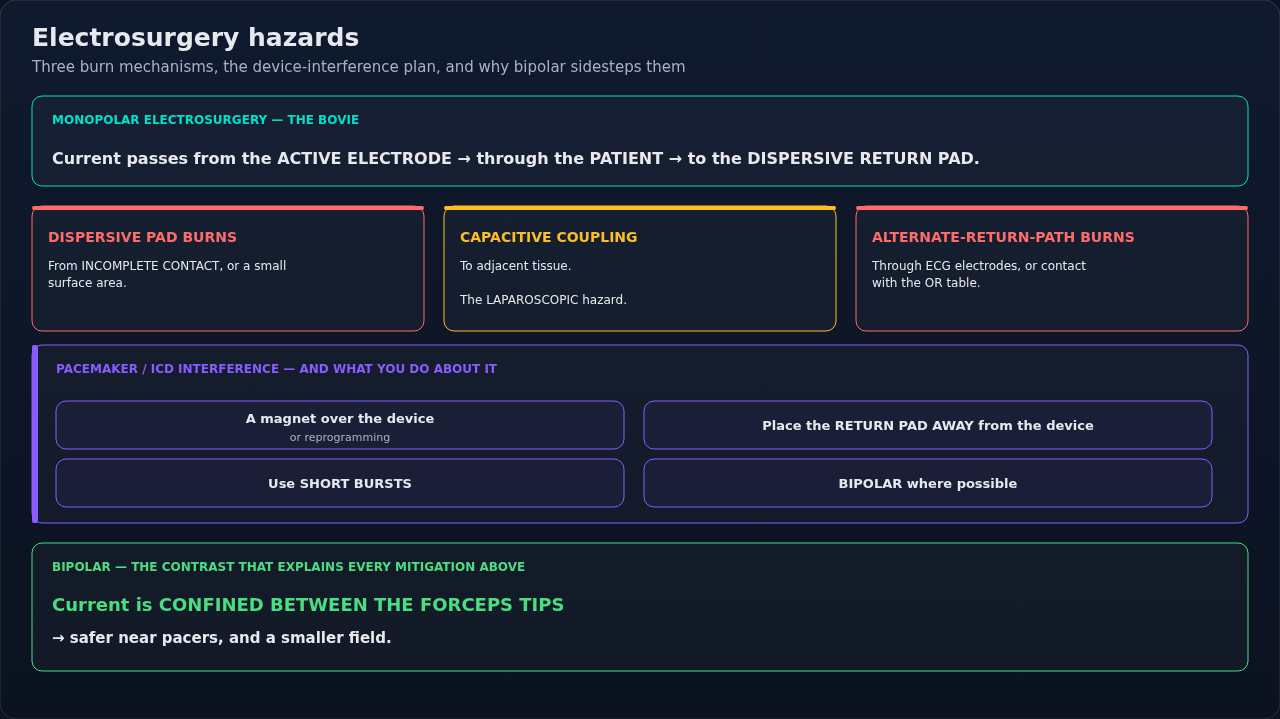 Monopolar electrosurgery traced from the active electrode through the patient to the return pad, with its hazards and how bipolar differs. Follow the current path; every hazard sits somewhere along it