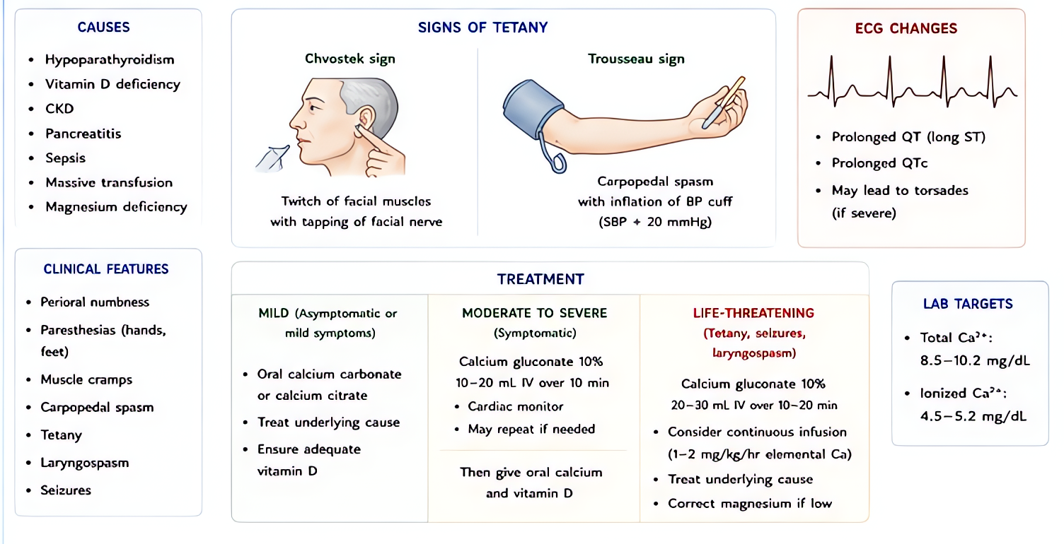 Hypocalcemia: tetany and treatment - Trousseau/Chvostek signs, prolonged QT, laryngospasm; treat with IV calcium gluconate or chloride, supplement magnesium, treat underlying cause.