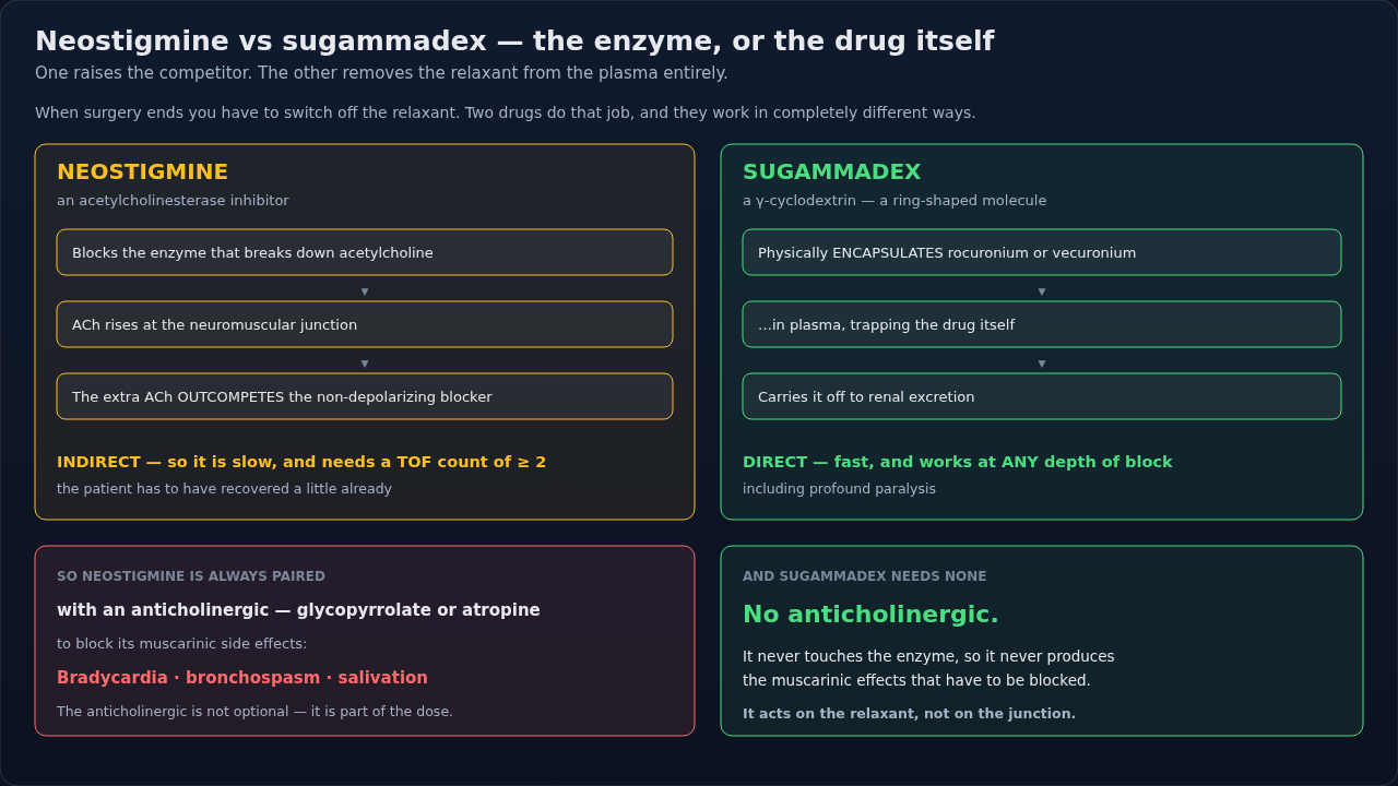 The two reversal drugs side by side at the neuromuscular junction — one working indirectly through an enzyme, the other trapping the relaxant itself. That difference explains everything downstream.
