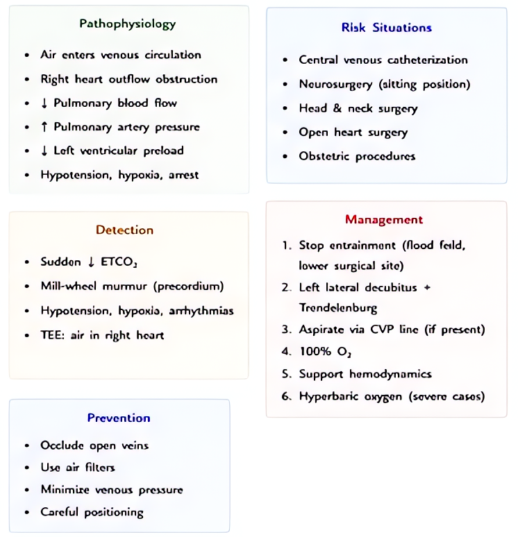 Venous air embolism (VAE): high risk in sitting craniotomy, posterior fossa, C-section, laparoscopy. Detection by precordial Doppler (most sensitive non-invasive), sudden drop in ETCO2, mill-wheel mur